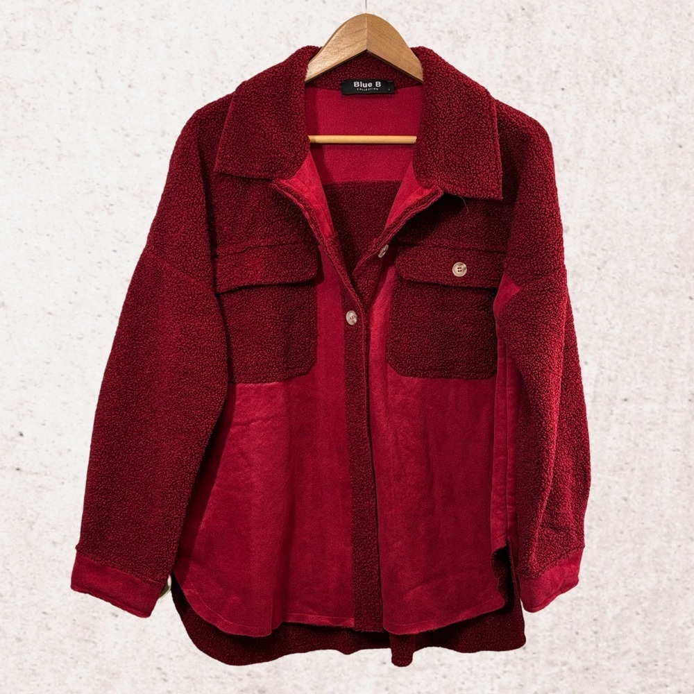 Red Teddy Jacket with Oversized Collar and Soft Material
